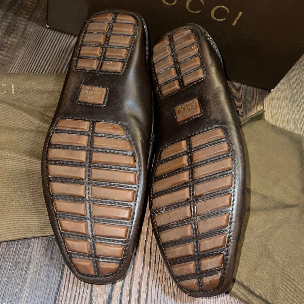Gucci Mens Florence GG Monogram Driver Loafers Cocoa Brown Leather 153991 Size 9